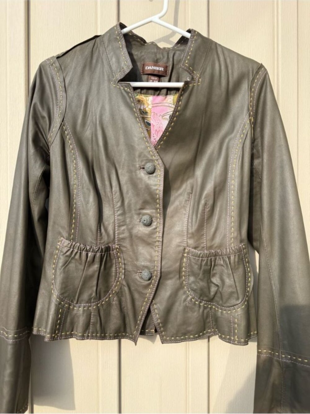 Vintage Danier Genuine Leather Olive Green Jacket with Pink & Yellow Stitching - Picture 2 of 11